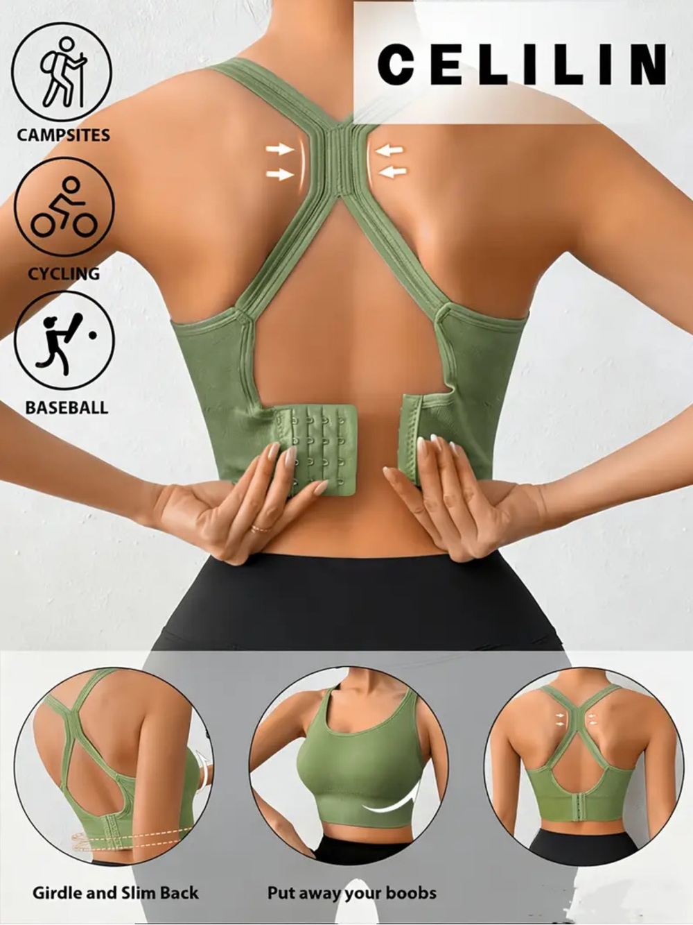 Olive Green, Back-Closure, Sports Bra